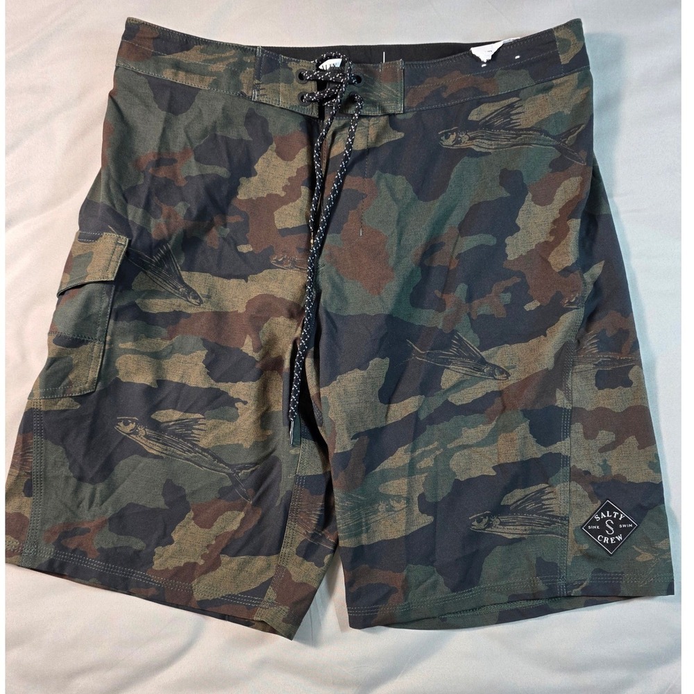 Salty Crew Board Shorts Mens 32 Green Camo Flying Fish Repreve Stretch NWOT